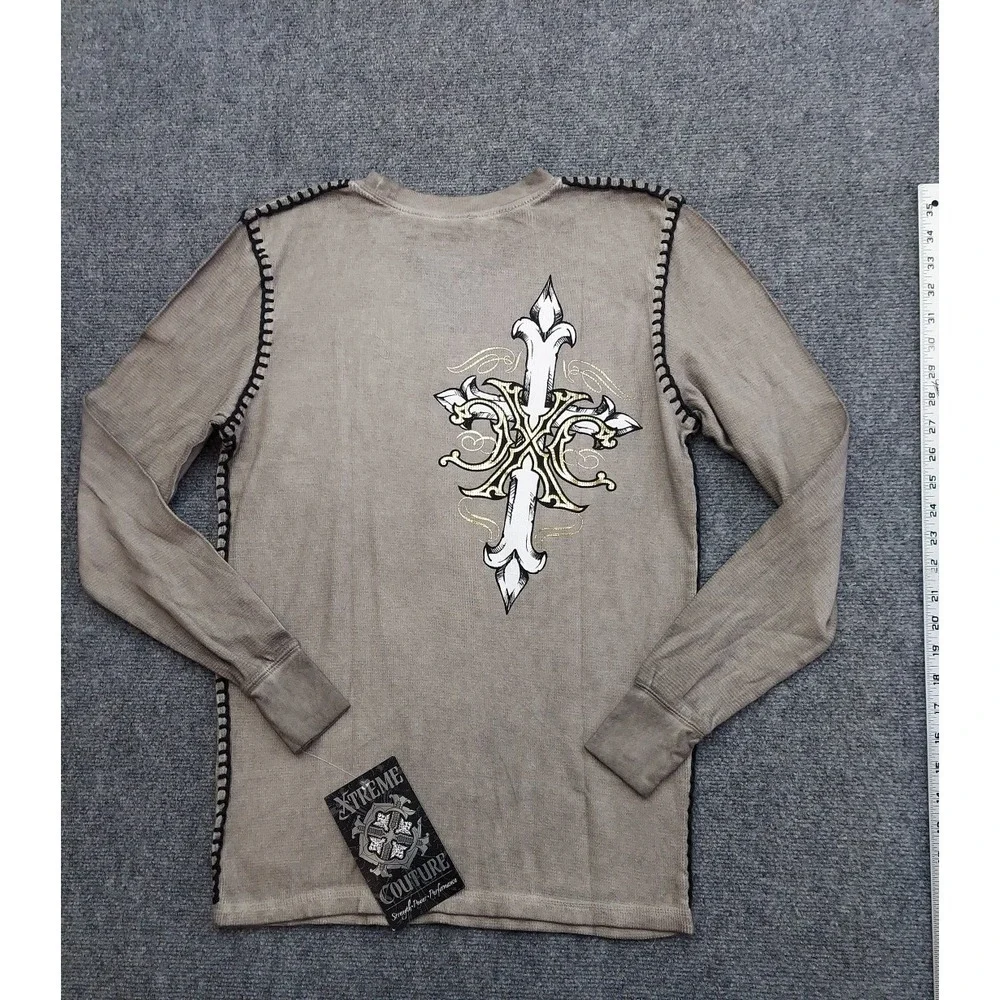 Affliction Xtreme Couture Shirt Men Small‎ Brown Thermal Long Sleeve Skull Cross